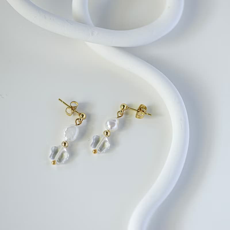 星星天然白水晶淡水珍珠18k注金耳釘耳飾品禮物