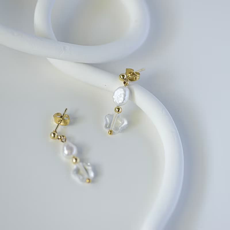 星星天然白水晶淡水珍珠18k注金耳釘耳飾品禮物