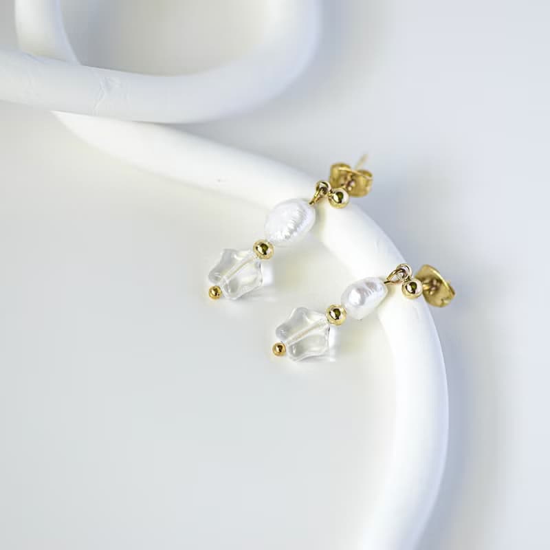 星星天然白水晶淡水珍珠18k注金耳釘耳飾品禮物