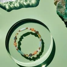 兩隻黃鸝鳴翠柳。粉東菱玉 拉長石 黃髮晶 14K包金 水晶設計手鍊