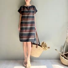 羅馬之夜/黑巧克力配色寬條紋義大利製亞麻短袖小洋裝100%亞麻