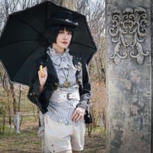 蒸汽朋克 哥特風復古 藍白立領修身條紋短袖拖尾襯衫