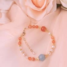 晨曦柔光  海藍寶×紅兔毛×珍珠 14K包金可調式手鍊