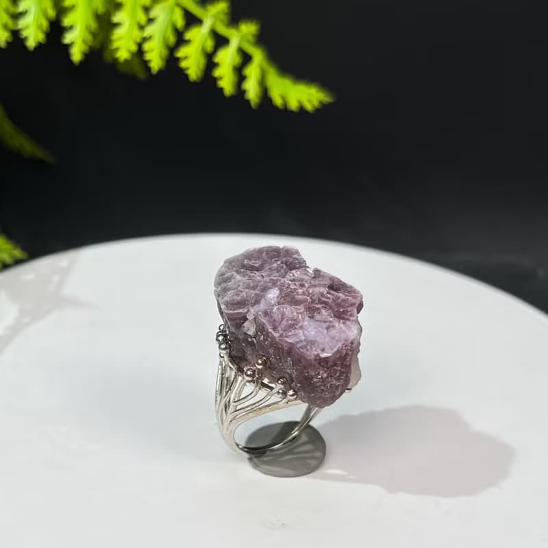 紫色鋰雲母活口戒指 結晶隨形閃片原石標本礦物復古指環 S925銀