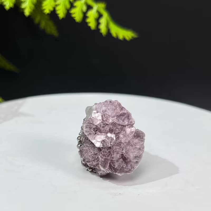 紫色鋰雲母活口戒指 結晶隨形閃片原石標本礦物復古指環 S925銀