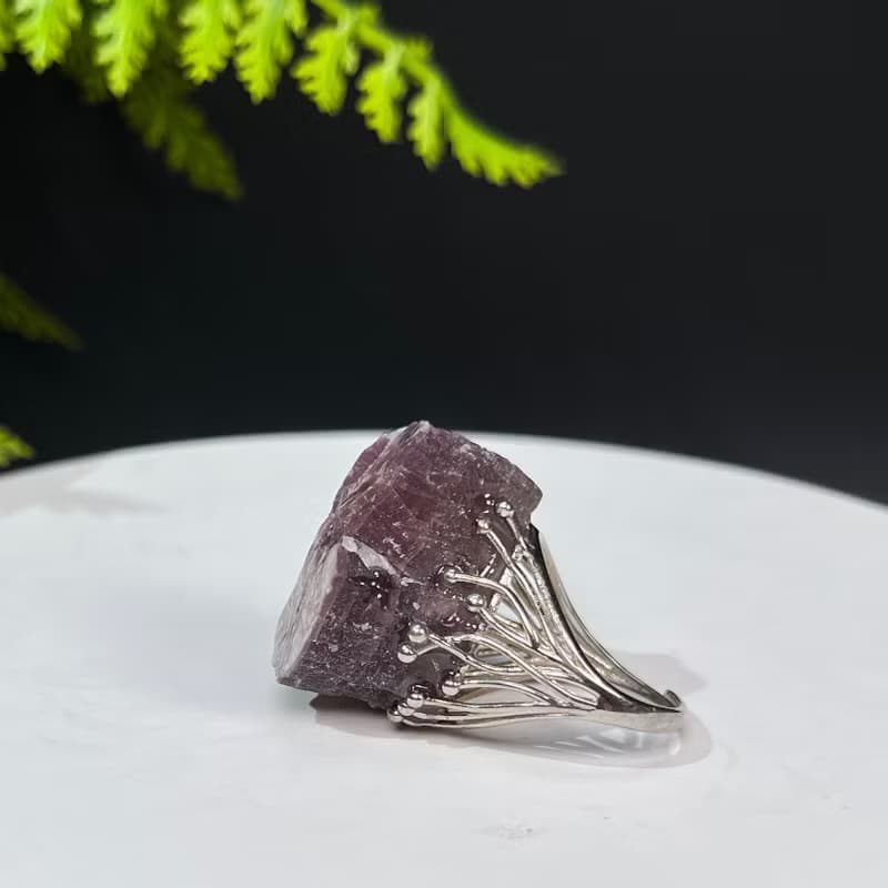 紫色鋰雲母活口戒指 結晶隨形閃片原石標本礦物復古指環 S925銀