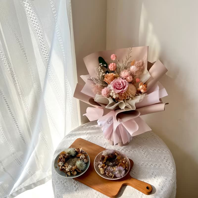 蜜桃粉紅乾燥花束 情人節花束