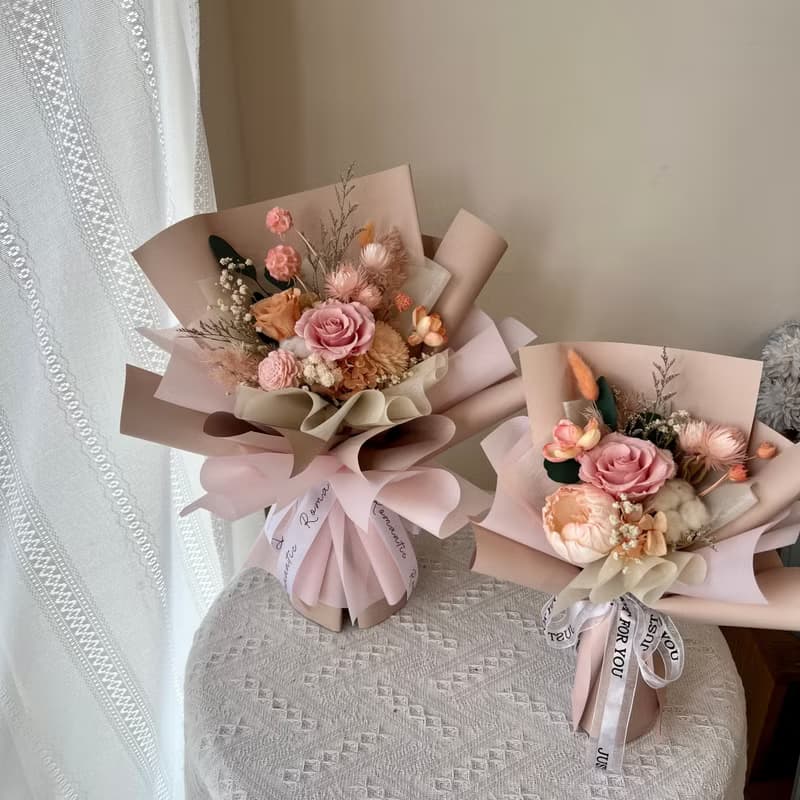 蜜桃粉紅乾燥花束 情人節花束