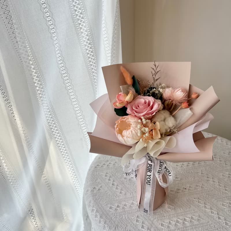 蜜桃粉紅乾燥花束 情人節花束