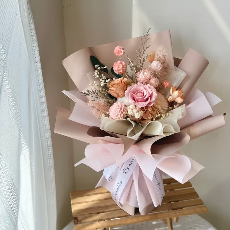 蜜桃粉紅乾燥花束 情人節花束