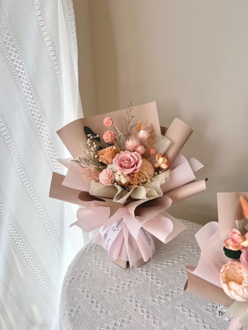 蜜桃粉紅乾燥花束 情人節花束