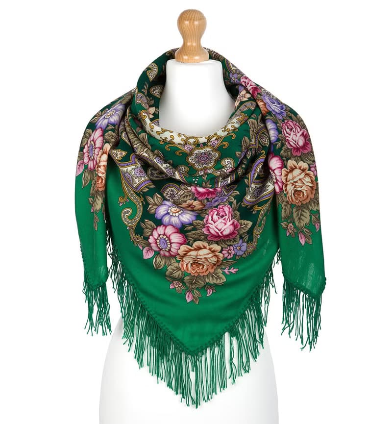 Pavlovo Posad Russian Shawl 100% Wool Scarf 125x125 cm Woolen Fringe 1778-9
