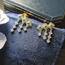 |財富女神|A貨翡翠冰玻綠多顆蛋面2.5mm純銀鍍18k流蘇款耳環
