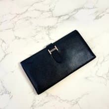 【絕版古董包】中古二手Hermes黑銀色皮革Bearn長夾錢包小手拿袋
