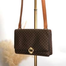 【 日本直送　名牌中古包 】CELINE セリーヌ マカダム ショルダーバッグ ブラウン モチーフ PVC レザー フラップ vintage  wagmgy
