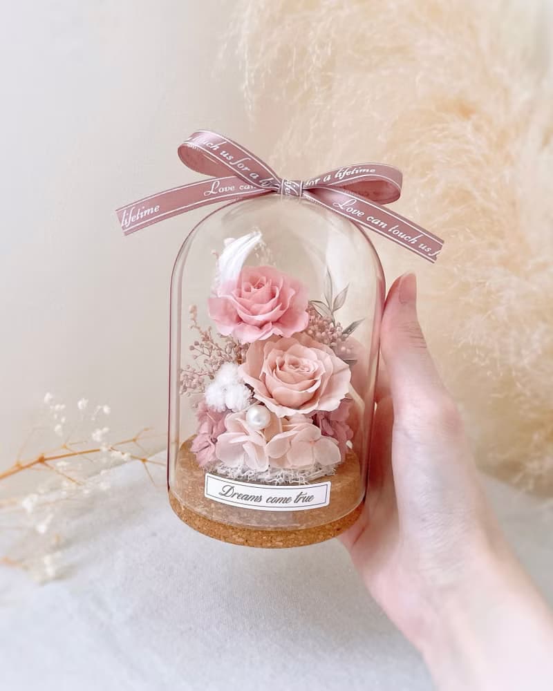 永生花玻璃盅-紗霧櫻粉 l 不凋花玻璃盅 日本玫瑰 乾燥花盅