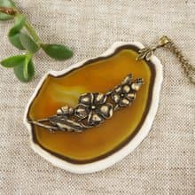 Yellow Agate Slice Slab Necklace Flower Floral Mustard Stone Pendant Jewelry