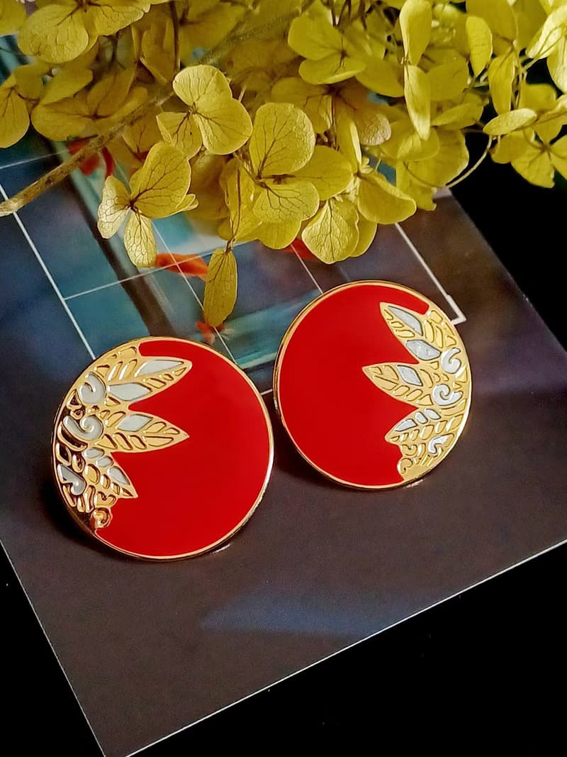 vintage jewelry  典雅描金東方紅琺瑯 夾式耳環