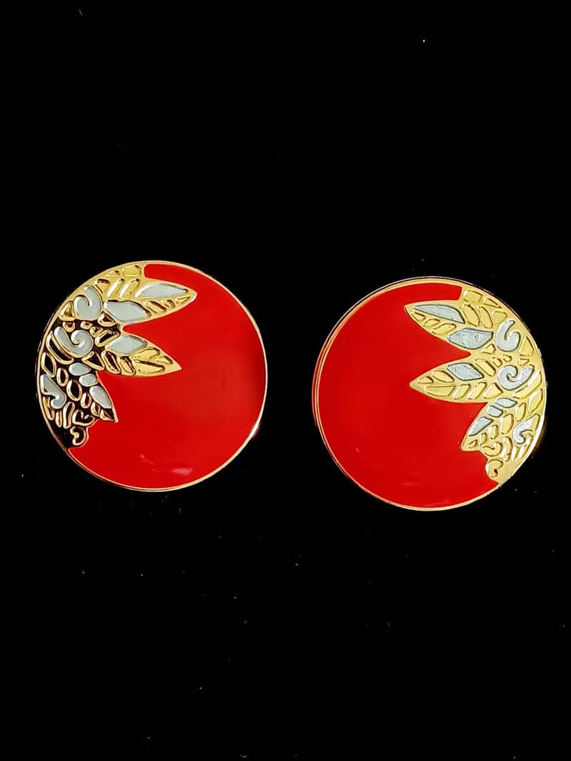 vintage jewelry  典雅描金東方紅琺瑯 夾式耳環