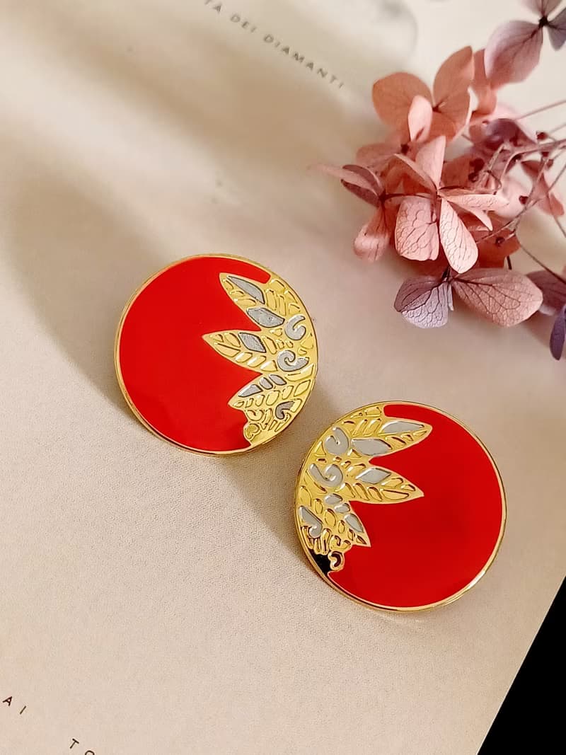 vintage jewelry  典雅描金東方紅琺瑯 夾式耳環