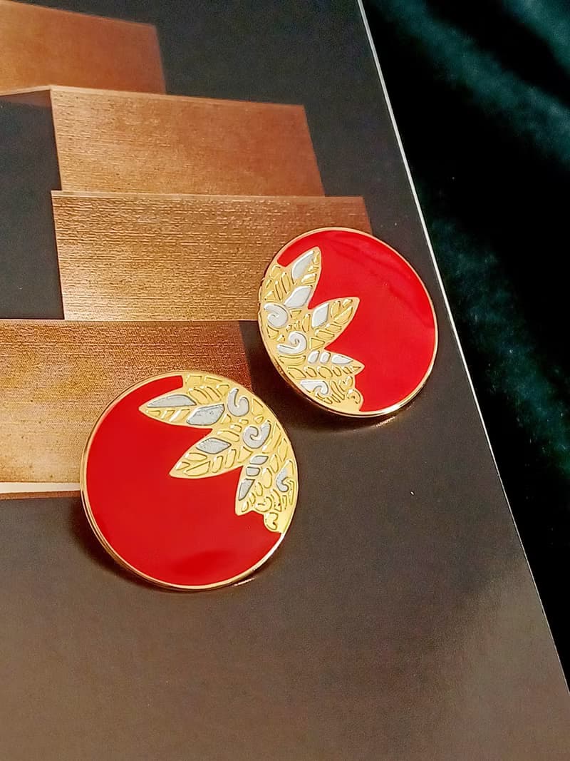 vintage jewelry  典雅描金東方紅琺瑯 夾式耳環