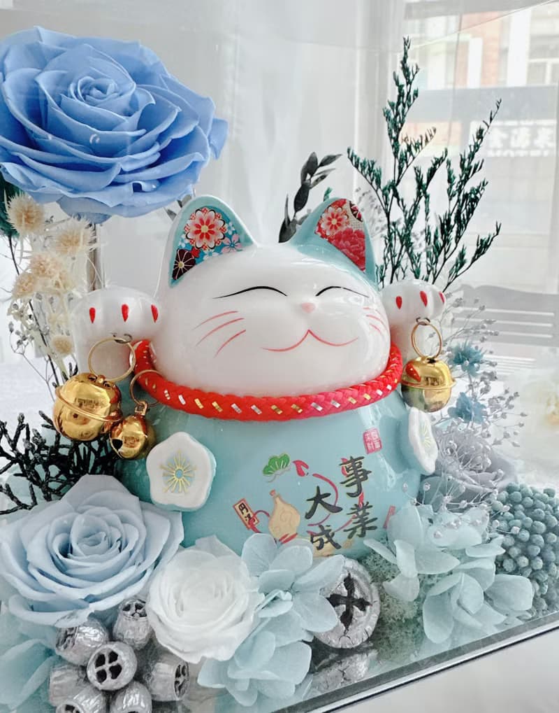 藍色招財貓開運永生花禮