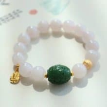 天然藕粉和田玉手鏈 青海老料 水頭十足 清新粉糯 碧玉回紋珠