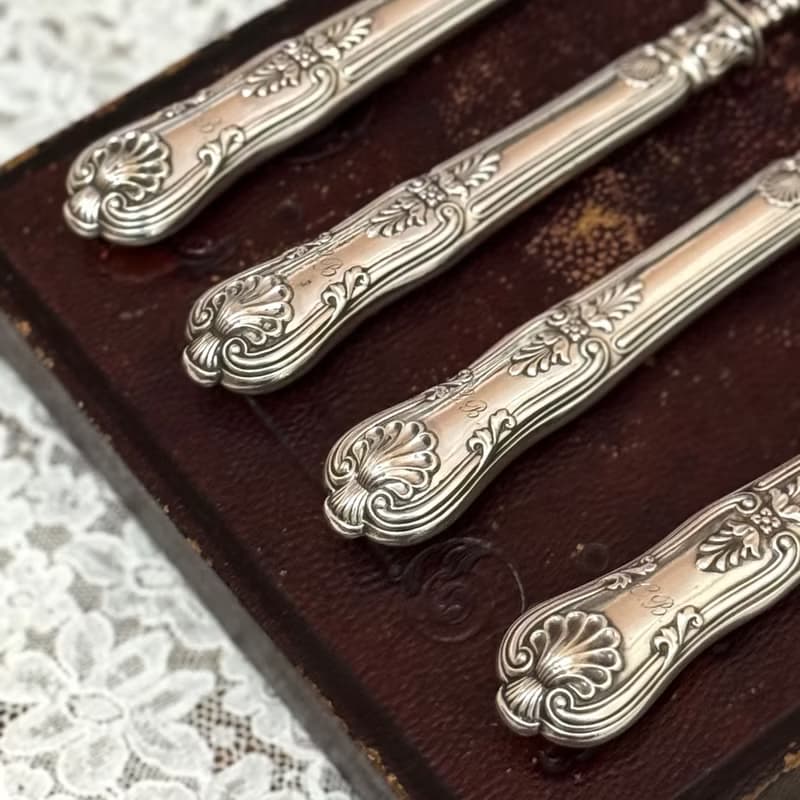 50392-絕美法國古董全件純銀餐具組附原盒密涅瓦950標記