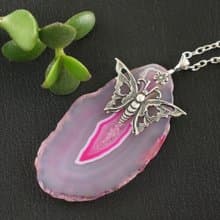 Pink Fuchsia Agate Slice Slab Silver Butterfly Pendant Necklace Woman Jewelry