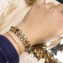 美國古董 紅黑藍綠仿石 鎖鏈設計鍍金手鍊