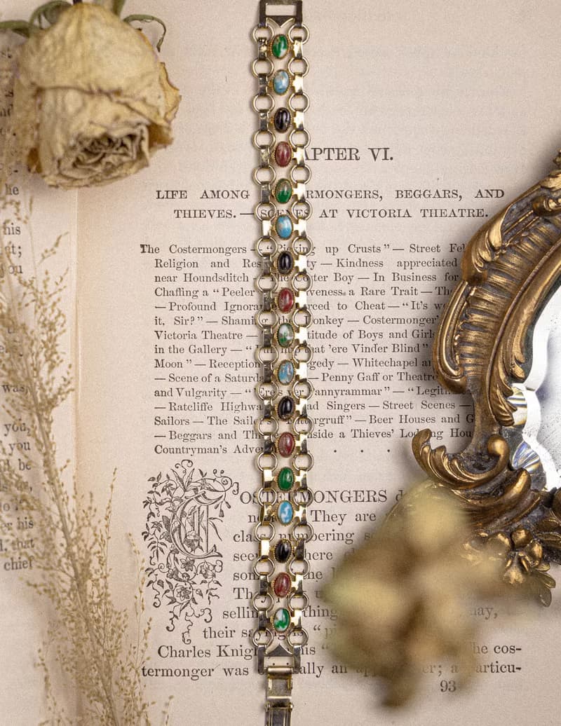 美國古董 紅黑藍綠仿石 鎖鏈設計鍍金手鍊