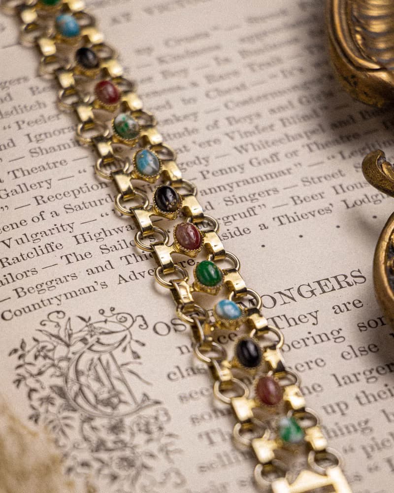 美國古董 紅黑藍綠仿石 鎖鏈設計鍍金手鍊