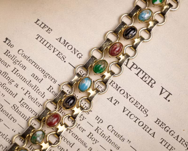 美國古董 紅黑藍綠仿石 鎖鏈設計鍍金手鍊