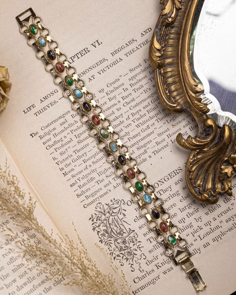 美國古董 紅黑藍綠仿石 鎖鏈設計鍍金手鍊