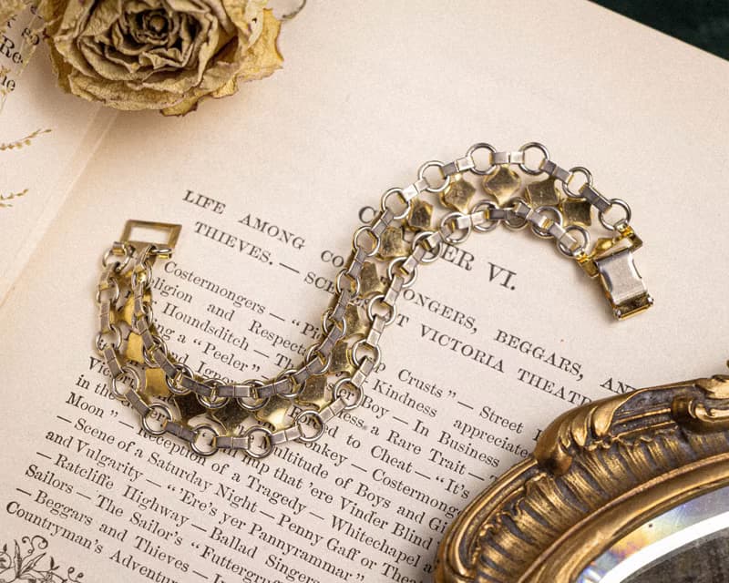 美國古董 紅黑藍綠仿石 鎖鏈設計鍍金手鍊