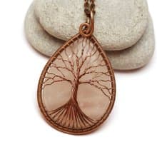 Handmade Rose Quartz Pendant Copper Wire Necklace Tree Of Life Necklace Jewelry