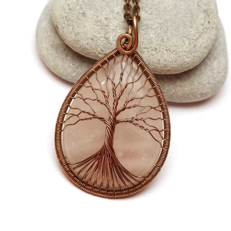 Handmade Rose Quartz Pendant Copper Wire Necklace Tree Of Life Necklace Jewelry