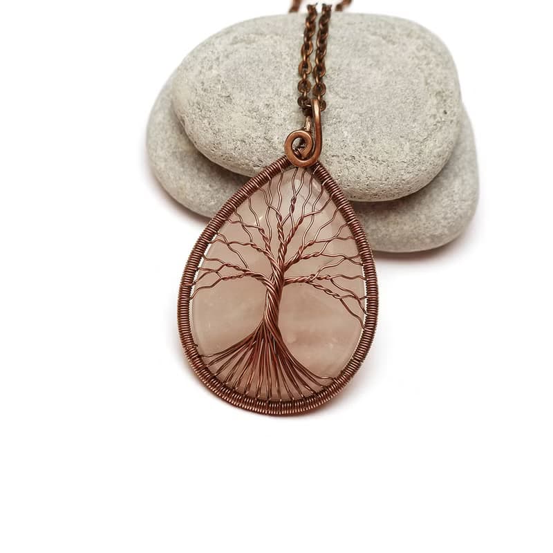 Handmade Rose Quartz Pendant Copper Wire Necklace Tree Of Life Necklace Jewelry