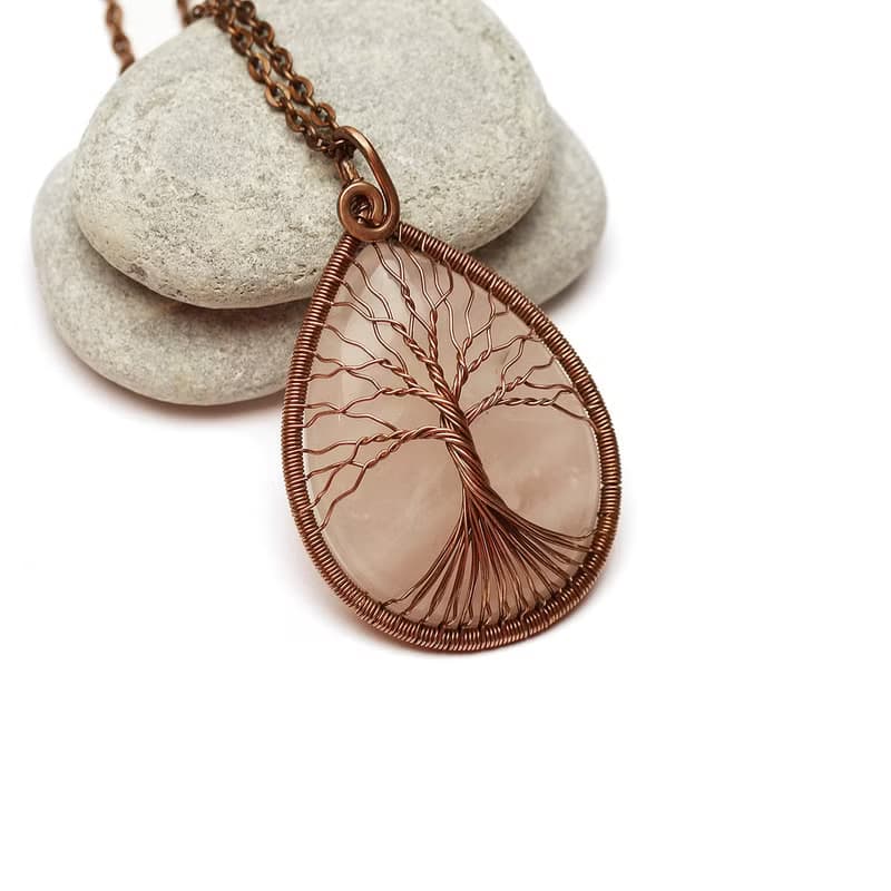 Handmade Rose Quartz Pendant Copper Wire Necklace Tree Of Life Necklace Jewelry