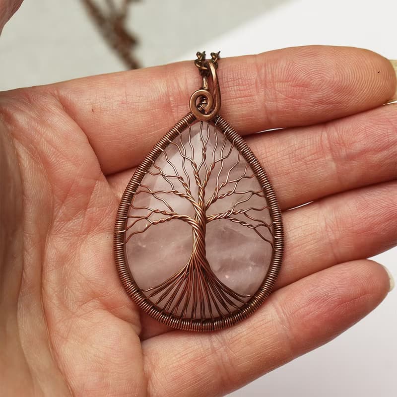 Handmade Rose Quartz Pendant Copper Wire Necklace Tree Of Life Necklace Jewelry