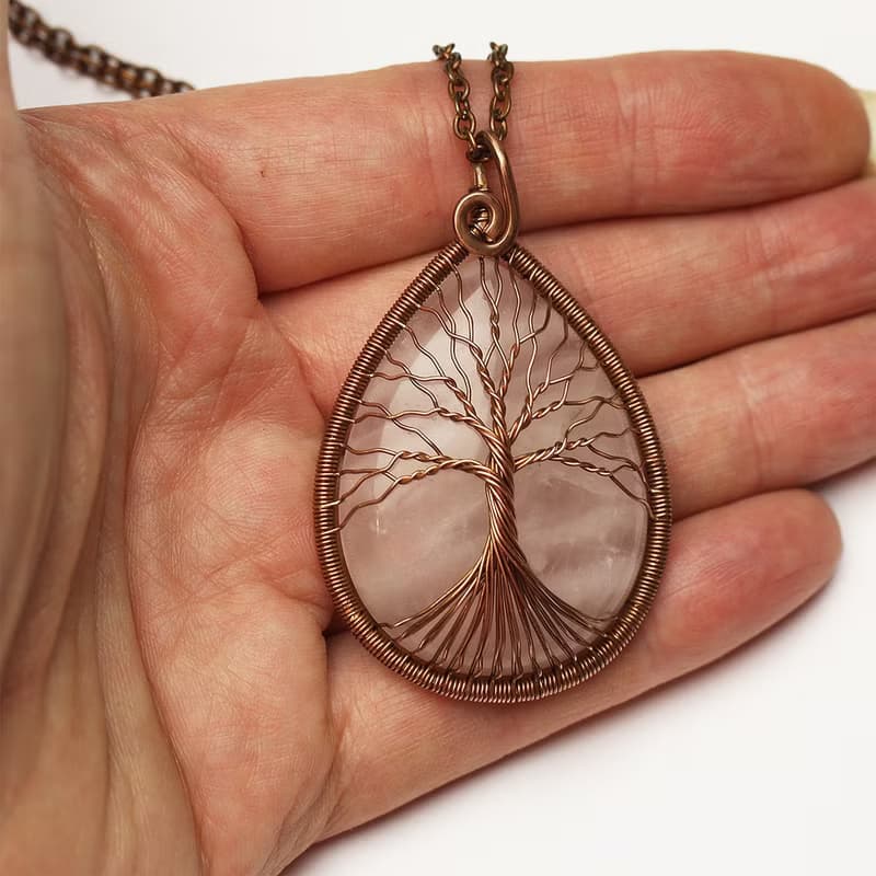 Handmade Rose Quartz Pendant Copper Wire Necklace Tree Of Life Necklace Jewelry