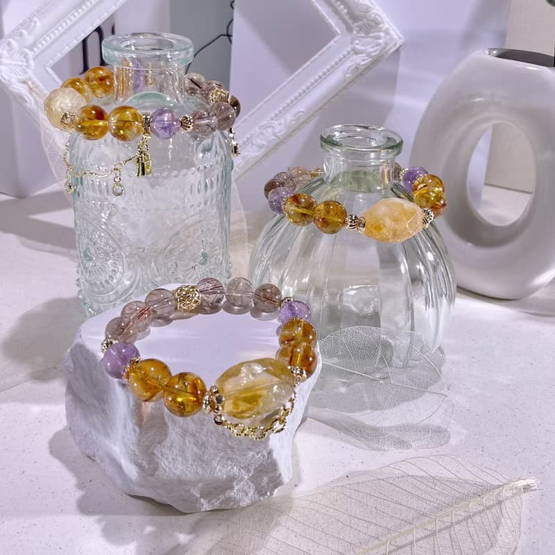 鎏金夢境  黃水晶|黃塔晶|銅鈦晶|薰衣草紫幽靈|水晶手鍊 A16-3