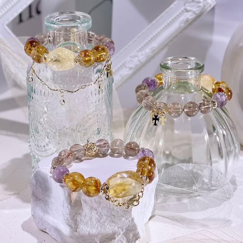鎏金夢境  黃水晶|黃塔晶|銅鈦晶|薰衣草紫幽靈|水晶手鍊 A16-3