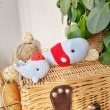 Paired toy blue whale in a hat. Plush toy whale and keychain. Gift for a couple