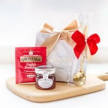 簡約精緻小禮袋-唐寧茶包+英國果醬+玫瑰湯匙(金色緞帶+白大理石)