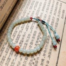 落瓷盤。天然晴水和田玉復古手鏈 飄花南紅翡翠葫蘆古典抽繩手串