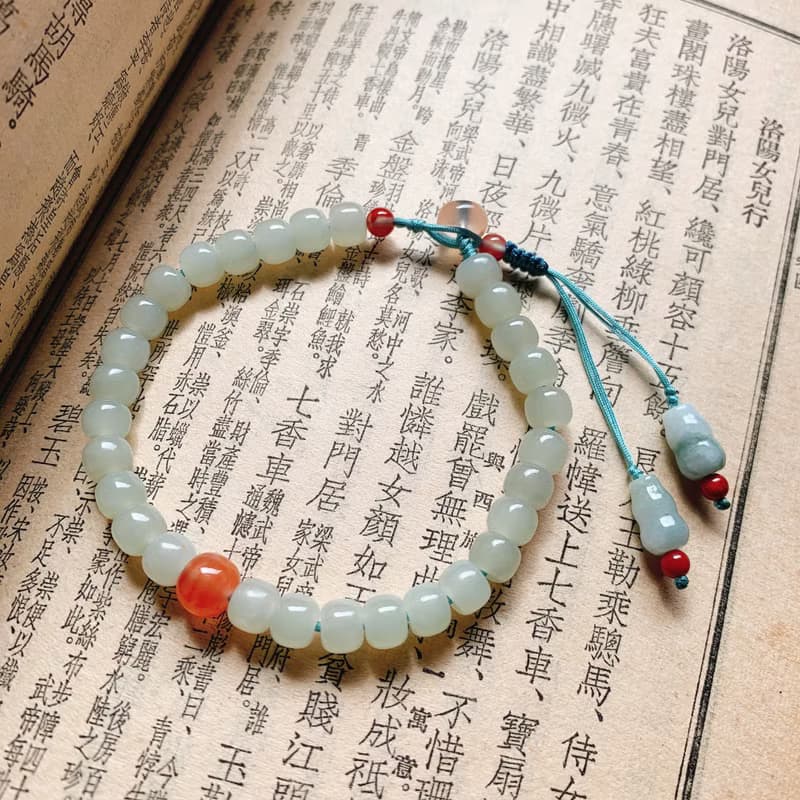 落瓷盤。天然晴水和田玉復古手鏈 飄花南紅翡翠葫蘆古典抽繩手串