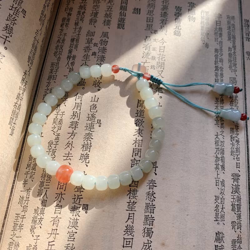 落瓷盤。天然晴水和田玉復古手鏈 飄花南紅翡翠葫蘆古典抽繩手串