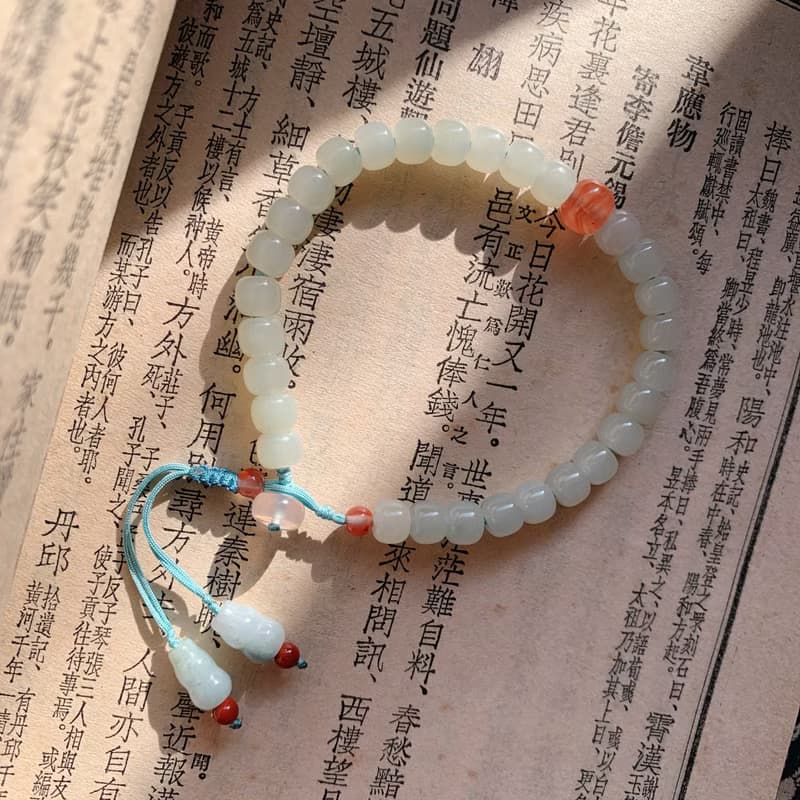 落瓷盤。天然晴水和田玉復古手鏈 飄花南紅翡翠葫蘆古典抽繩手串