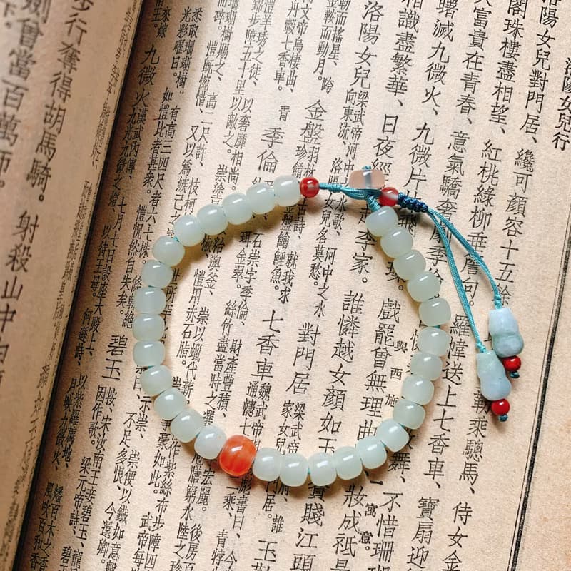 落瓷盤。天然晴水和田玉復古手鏈 飄花南紅翡翠葫蘆古典抽繩手串